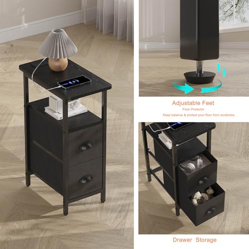 sthmec Narrow End Table with Charging Station, Narrow Side Table with 2 Fabric Drawers, Slim Nightstand, Skinny Bedside Table, Small Side Table for Small Spaces, Living Room, Bedroom, Black - color: Black, size: 7.87'' W x 15.75'' D x 24.37'' H, style: Po