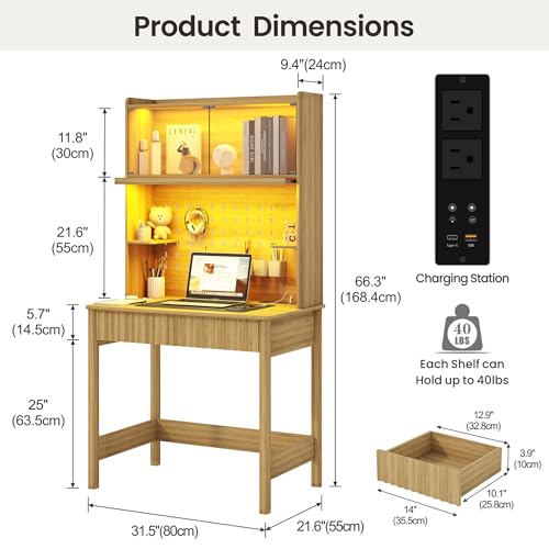 Lvifur 31.5" Small Study Desk with - Drawer & Hutch,Computer Desk with Charging Station,Compact Writing Desks with LED Reading Lights,Home Office Desks for Small Spaces,Bedroom Study Room,Natural - color: Natural