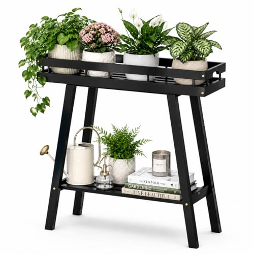 BAMBANG Bamboo Plant Stand Indoor, 2 Tier Small Plant Table, Tall Plant Stand for Indoor Plants, Window Sill Plant Shelf, Flower Pot Holder Plant Bench Plant Rack for Living Room, Black - color: Bamboo Black
