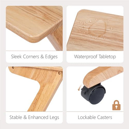 TV Tray Table, TV Dining Table with Casters for Small Spaces, Solid Wood End Table, Sofa Couch Side Table Removable Snack Tray for Coffee Bed Sofa Eating Writing Reading Living Room Bedroom - color: Natural