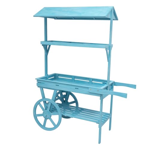 CNCEST 3 Tier Rolling Table Cart with Wheel Sunshade for Garden/Street,Wooden Dessert Candy Cart for Display Rack Coffee Station Food Stand Beverage Bar,Retro Market Flower Succulent Display Stand - color: Blue