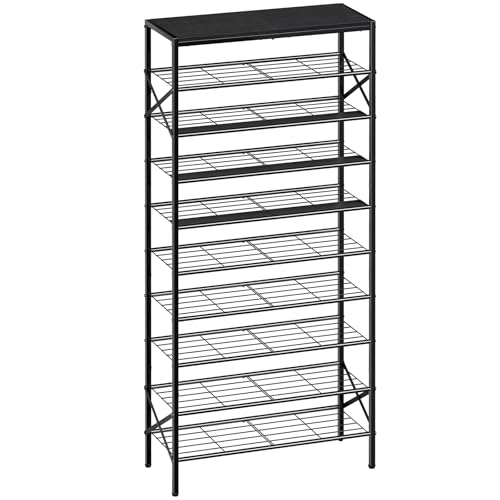 10 Tier Metal Shoe Rack with Wood Top, 30-40 Pairs Black | 65.4in tall for max capacity. 3 iron sheets secure heels. Removable shelf for boots. Top displays decor. - color: Black, size: 10-tier