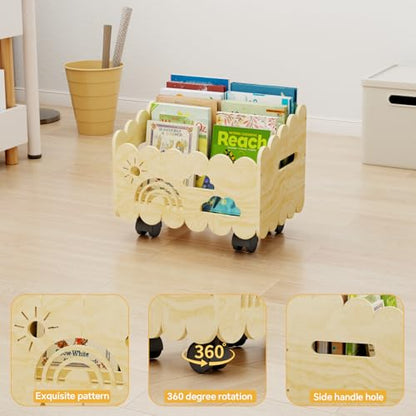 Wood Kids Bookshelf, Montessori Bookshelf, with 2 Adjustable Dividers, 4 Wheels Suitable Kids Rooms, Nursery & Classroom, Book Shelf for Kids Rooms, Toddler Book Rack, Nursery Book Shelves - color: Wood Color(rolling)