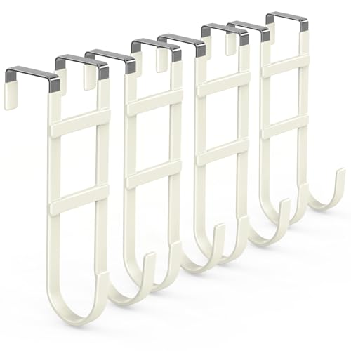 FYY Over the Door Hooks, Double-Hanger 4 Pack, Fits Doors 1.6" Beige | Heavy Duty Metal, Hold 100lbs, Rubber-Coated, No-Drilling, for Bathroom Dorm, Hanging Clothes Towels Bags Ironing Board Robe - color: Beige, size: 7.8" Long, Fit Interior Doors Up to 1