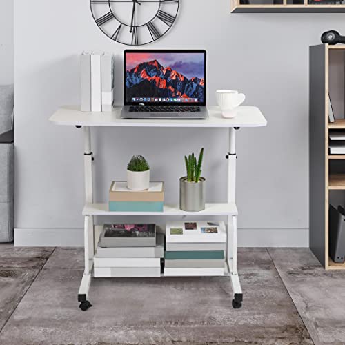Adjustable Height Rolling Laptop Desk White Storage Drawer Side Table | 28-40in Height Adjustable,Rolling Wheels,Storage Drawer & Shelf,Waterproof Tabletop,Multi-Purpose Bedside Office Desk - color: White
