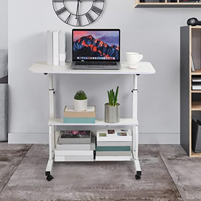 Adjustable Height Rolling Laptop Desk White Storage Drawer Side Table | 28-40in Height Adjustable,Rolling Wheels,Storage Drawer & Shelf,Waterproof Tabletop,Multi-Purpose Bedside Office Desk - color: White