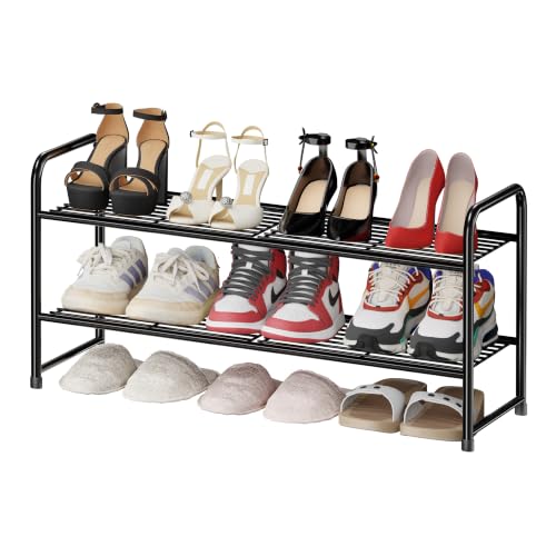 Simple Shoe Rack 2 Tier 27 Inch Wide, Heavy Duty Metal Closet Shoe Organizer Shelf for Entryway, Front Door, Black - color: Black, size: 2 Tier
