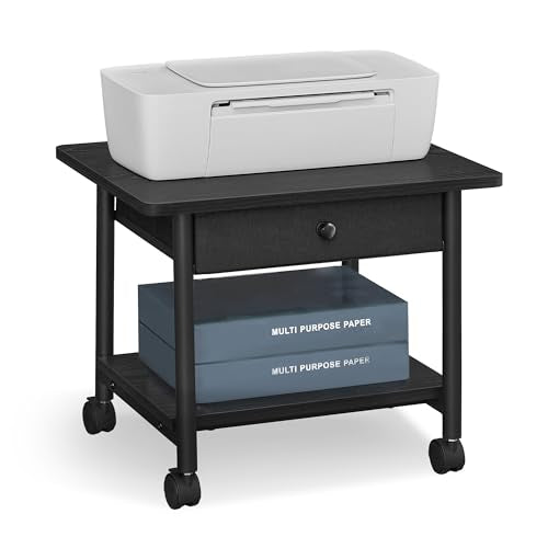 VASAGLE Printer Stand with Locking Wheels, Industrial Mobile Cart, Under Desk Printer Table for Home Office, 19.1 x 15.9 x 15.6 Inches, Storage Shelf, Drawer, 2-Tier, Ebony Black - color: Ebony Black, size: 2 Tiers with Drawer