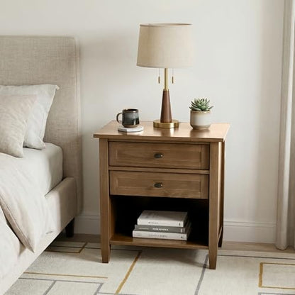 SIMPLIHOME Warm Shaker Nightstand - 24 inch Wide Solid Wood Bedside Table in Rustic Natural Aged Brown, Transitional Side Table or End Table with 2 Drawers, Open Shelf, Bronze Knobs and Tapered Legs - color: Rustic Natural Aged Brown