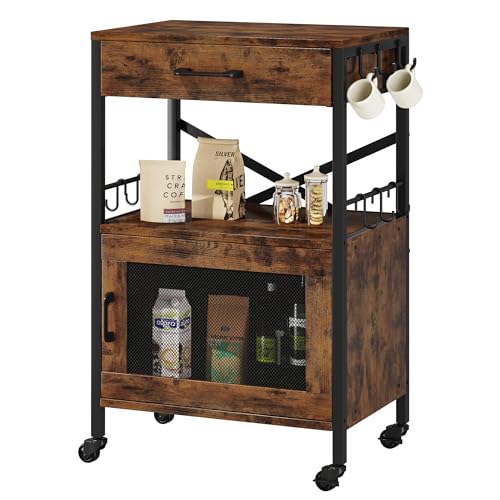 Homeiju Kitchen Island Cart, Kitchen Storage Cart with Drawer, Microwaves Stand, Coffee Cart, Rolling Kitchen Cabinet Cart with Hooks for Kitchen, Dining Room - color: Black and Brown
