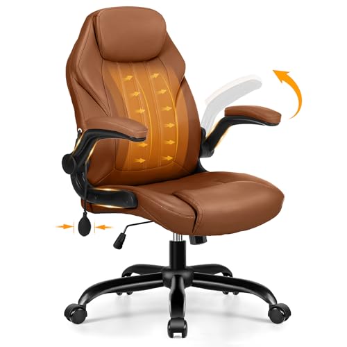 Ylzyxal Office Desk Chair, Ergonomic Computer Chair with Padded Flip-Up Arms and Adjustable Lumbar Support, PU Leather Executive Chair with Tilt Lock and 360° Swivel Rolling Wheels for Work, Study - color: Brown