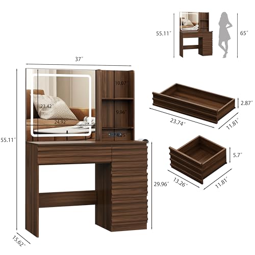 Makeup Vanity Desk with Lights, Fluted Vanity with 4 Drawers, Open Shelves, Power Outlet, LED Lighted Mirror, 3 Lighting Modes & Brightness Adjustable, Wood Dressing Table for Bedroom,Walnut - color: Walnut