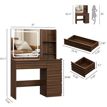 Makeup Vanity Desk with Lights, Fluted Vanity with 4 Drawers, Open Shelves, Power Outlet, LED Lighted Mirror, 3 Lighting Modes & Brightness Adjustable, Wood Dressing Table for Bedroom,Walnut - color: Walnut