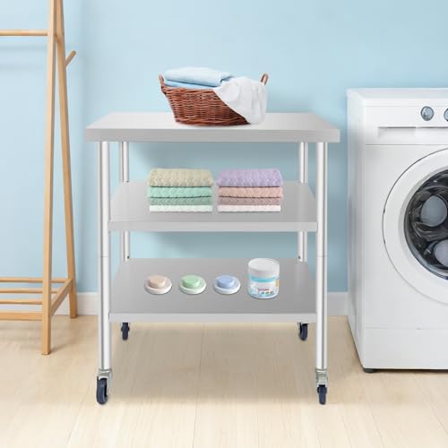 30x30x35in 3-Tier Stainless Steel Work Table with Casters & Foot Pads, Adjustable Shelves, 580 lbs Load Capacity, Space-Saving Utility Cart for Kitchen, Garage, Restaurant, Commercial & Home Use - size: 30 X 30 X 35 Inches