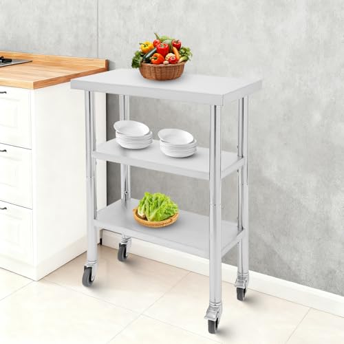 24"x14"x35" 3-Tier Industrial Work Table, Heavy Duty Stainless Steel Workstation with Adjustable Shelves, 305 lbs Top Load, 4 Swivel Casters and Leveling Feet for Small Spaces - size: 24 X 14 X 35 Inches