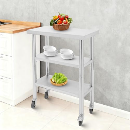 24"x14"x35" 3-Tier Industrial Work Table, Heavy Duty Stainless Steel Workstation with Adjustable Shelves, 305 lbs Top Load, 4 Swivel Casters and Leveling Feet for Small Spaces - size: 24 X 14 X 35 Inches