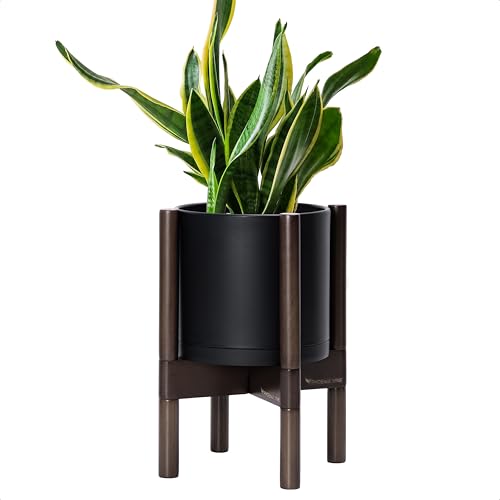 D'vine Dev Plastic Pot with Walnut Wood Stand, Black, 8 in, 55-C-I-2 | Mid-Century Inspired Design, Elevated Plant Display, Clean Lines, Sturdy Support, Modern Space-Saving Style - color: Matte Black Pot + Walnut Color Stand, size: 8 Inch