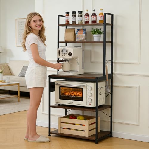 Cheersstar Bakers Rack with Power Outlet - Microwave Oven Stand 5 Tiers, Kitchen Storage Shelf Rack with 6 S-Shaped Hooks, Coffee Bar Cabinet for Kitchen, Entryway, Living Room, Rustic Brown