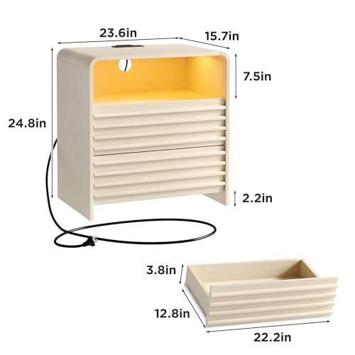 Fameill Fluted Nightstands,Nightstand with Charging Station,LED Night Stand with Two Drawers,Bedside Table with USB Ports and Outlets,Modern End Table for Bedroom (White) - color: White