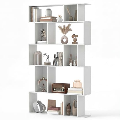 GOFLAME 5-Tier Geometric Bookshelf, 62” Tall Bookcase with 10 Open Back & Closed Back Cubes, Modern Display Book Shelf, S-Shaped Storage Organizer for Living Room, Home Office (1,White) - color: White