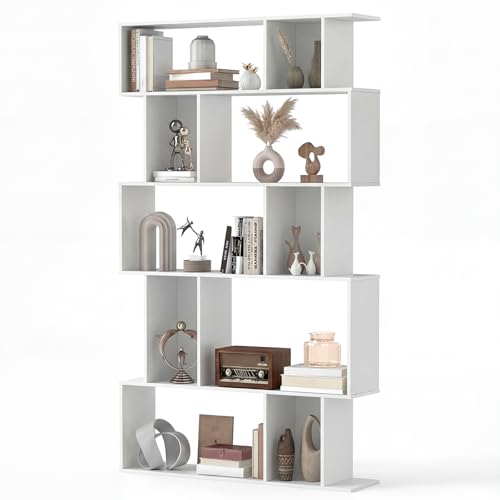 GOFLAME 5-Tier Geometric Bookshelf, 62” Tall Bookcase with 10 Open Back & Closed Back Cubes, Modern Display Book Shelf, S-Shaped Storage Organizer for Living Room, Home Office (1,White) - color: White