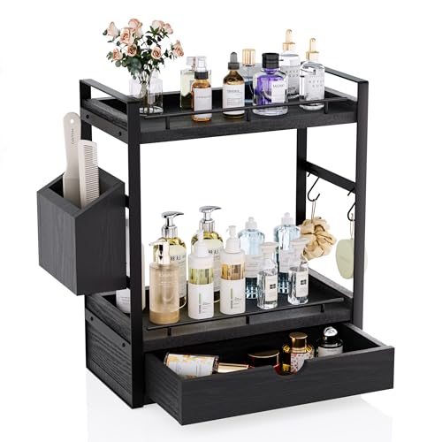 2-Tier Wood Bathroom Counter Organizer, Countertop Organizer with Drawer and Storage Basket, Bathroom Sink Organizer for Vanity, Skincare, Makeup, and Daily Essentials (Black) - color: Black