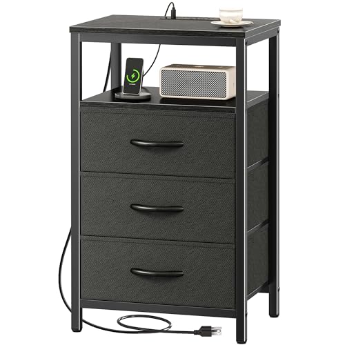 Huuger Nightstand with Charging Station, 27.6 Inch Side Table with Fabric Drawers, End Table Bedside Table with USB Ports and Outlets, Night Stand for Bedroom, Black - color: Black, size: 11.8"D x 15.7"W x 27.6"H (3 Drawers)