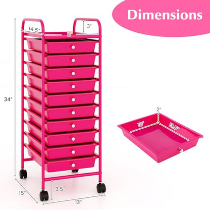 DREAMADE Rolling Cart with Storage Drawers, Utility Cart w/Removable Plastic Drawers, Lockable Wheels, Art Cart for Classroom Organization Art Supplies Office Scrapbook (10 Drawers, Hot Pink) - color: Hot Pink, style: 10 Drawers