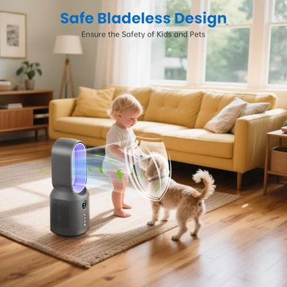 Desk Fan,13 Inch Portable Bladeless Fan, Small Quiet Office Fan with 106° Oscillating, 3 Speeds & Night light, LED Display, Button Control, Personal Table Fan for Bedroom, Office, Home, Study Room - color: Grey