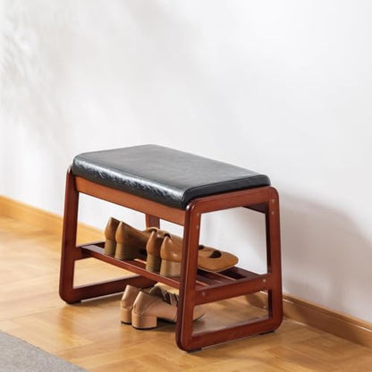SOBIBO Solid Wood Shoe Bench, 2-Tier Wooden Entryway Bench, Modern Shoe Rack with Cushion for Hallway, Living Room (Black, 21.65'') - color: Black, size: 21.65 inches