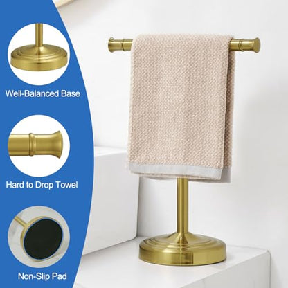 RUMOSE 13 Inch Brushed Gold Towel Stand Hand Towel Holder Bathroom Kitchen Vanity Countertop T-Shape Towel Rack Free Standing Stainless Steel Towel Bar Towel Ring - color: Brushed Gold