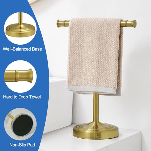 RUMOSE 13 Inch Brushed Gold Towel Stand Hand Towel Holder Bathroom Kitchen Vanity Countertop T-Shape Towel Rack Free Standing Stainless Steel Towel Bar Towel Ring - color: Brushed Gold