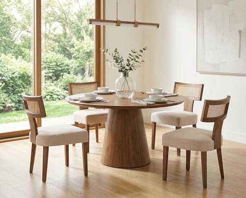RIVOVA Rattan Dining Chairs Set of 4, Mid Century Modern Dining Chair Upholstered Linen Fabric Kitchen Side Chair, Modern Kitchen Armless Solid Wood Dining Chairs, Beige - color: Beige Rattan