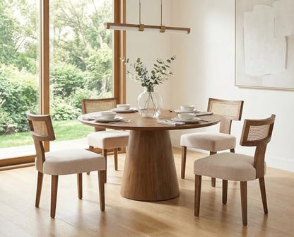 RIVOVA Rattan Dining Chairs Set of 4, Mid Century Modern Dining Chair Upholstered Linen Fabric Kitchen Side Chair, Modern Kitchen Armless Solid Wood Dining Chairs, Beige - color: Beige Rattan