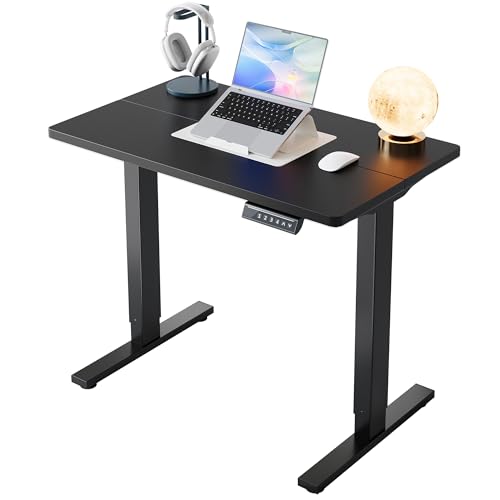 HUANUO 32x19 Inch Small Electric Standing Desk, Adjustable, Black | Compact Home Office Desk, 176lbs Heavy Duty Lifting with 4 Height Presets. M8 Screw Holes Ready for DIY Mobile Wheels - color: Black, size: 32" X 19"