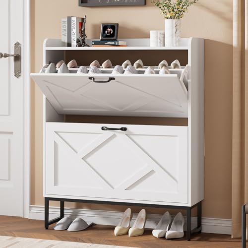 Nicetree Shoe Storage Cabinet with 2 Flip Drawers, Freestanding Shoe Organizer, Shoe Cabinet with Metal Legs, Narrow Shoe Rack Cabinet, Farmhouse Slim Shoe Cabinet for Entryway, Foyer, Hallway, White - color: White