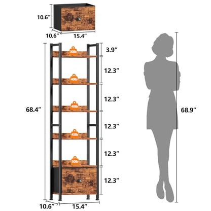 Furologee Book Shelf Set of 2, 6 Tier Tall Shelf with Drawer, Bookshelves and Bookcases Set of 2, Industrial Display Shelving Unit for Bedroom, Living Room, Home Office, Rustic Brown - color: Rustic Brown, size: 6 Tier-2 PCS