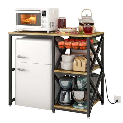 METYERRY Kitchen Bakers Rack with Power Outlet,Mini Fridge Cabinet with Mesh Basket, Mini Fridge and Microwave Table with Storage for Office,Kitchen,Living Room,Coffee Bar,Patio,Brown - color: Brown