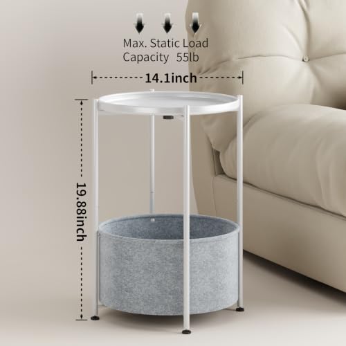 Small Round Side Table with Felt Storage Basket and Removable Tray | Accent Table, Metal End Table with Adjustable Feet, Side Table for Nursery, Bedroom, Living Room, Laundry Room, White - color: White
