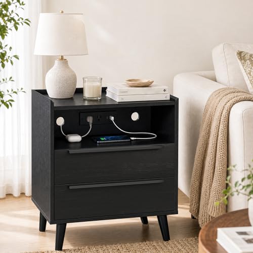 26 Inch Tall Black Oak Nightstand with Charging Station, 2 Drawers | 24 inch wide, 16 inch deep design with raised-edge tray top, open shelf, hidden storage, and a streamlined look - color: Black Oak