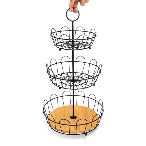 HANZE 3-Tier Farmhouse Fruit Basket Stand, Wire Fruit Vegetables Countertop Storage Rack, Multifunctional Detachable Bread Snack Holder Bowl for Kitchen and Bathroom Organization - Black - color: 3-Tier(Black)