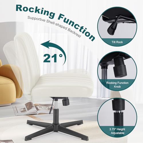 OLIXIS Criss Cross Chair, Vanity Chair, Home Office Desk | Armless No Wheels Wide Seat, Height Adjustable Swivel, Padded PU Leather, Bedroom Student Study, Beige Dual Base - color: Beige Dual Base