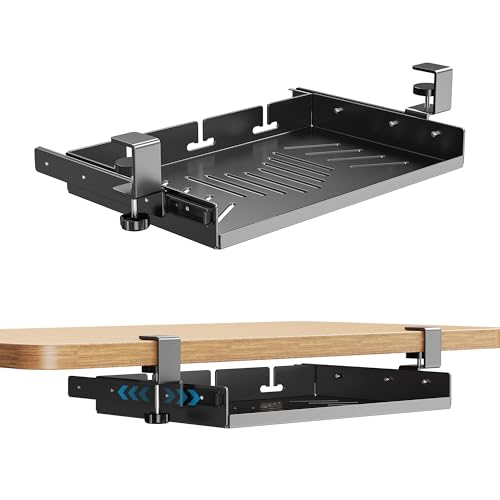 BYMECOST Sliding No Drill Under Desk Laptop Mount, Metal Storage Shelf | Slide Out Laptop Storage Tray for Macbook, Mac Mini, Anti-scratch Silicone, fits Office, Gaming, Workstations - color: Black With Slid Rail