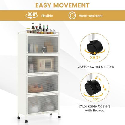 5-Tier Kitchen Storage Cabinet, Mobile Microwave Stand with Metal Frame, 4 Lockable Casters & Flip-up PC Doors, Freestanding Bakers Rack for Kitchen, Dining Room, Living Room (White) - color: White