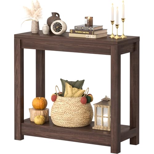 Besiost Small Farmhouse Wood Entryway Table Narrow Console Table with Storage Behind Couch Sofa Table with Shelves Entry Way Tables with Open Storage, Easy Assembly, 32" Black Walnut - color: Black Walnut, size: 32"(L)*31.3(H)