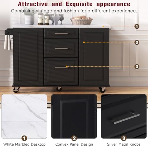 Kitchen Island with Trash Can Storage Cabinet and Faux Marble Top | Black, 50.7" Rolling Kitchen Cart on Wheels with Drop Leaf, Spice Rack, Towel Rack and Adjustable Shelf for Dining Room - color: Black