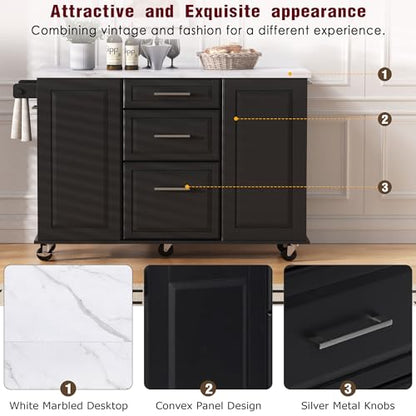 Kitchen Island with Trash Can Storage Cabinet and Faux Marble Top | Black, 50.7" Rolling Kitchen Cart on Wheels with Drop Leaf, Spice Rack, Towel Rack and Adjustable Shelf for Dining Room - color: Black
