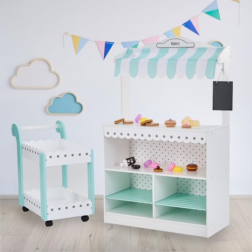 Teamson Kids My Dream Bakery Shop Dessert Stand and Rolling Pastry Cart Interactive Wooden Play Set with 18 Pretend Baked Goods, White and Mint Green with Gray Polka Dot Accents - style: Bakery Shop Dessert Stand