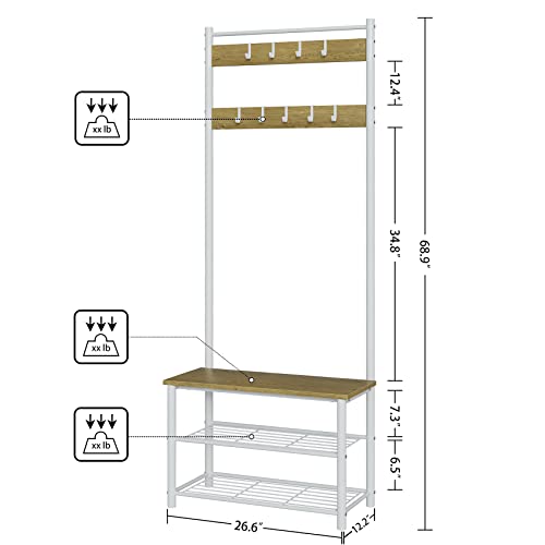 Hall Tree with Bench and Shoe Storage, 3-in-1 Coat Rack Shoe Bench, Freestanding Wooden Coat Rack with Metal Frame, 3-Tier Storage Shelf and 9 Removable Hooks, White/Walnut - color: 1.white Hall Tree