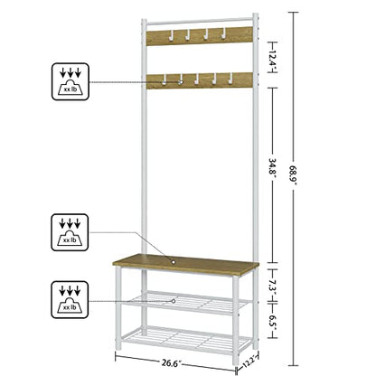 Hall Tree with Bench and Shoe Storage, 3-in-1 Coat Rack Shoe Bench, Freestanding Wooden Coat Rack with Metal Frame, 3-Tier Storage Shelf and 9 Removable Hooks, White/Walnut - color: 1.white Hall Tree